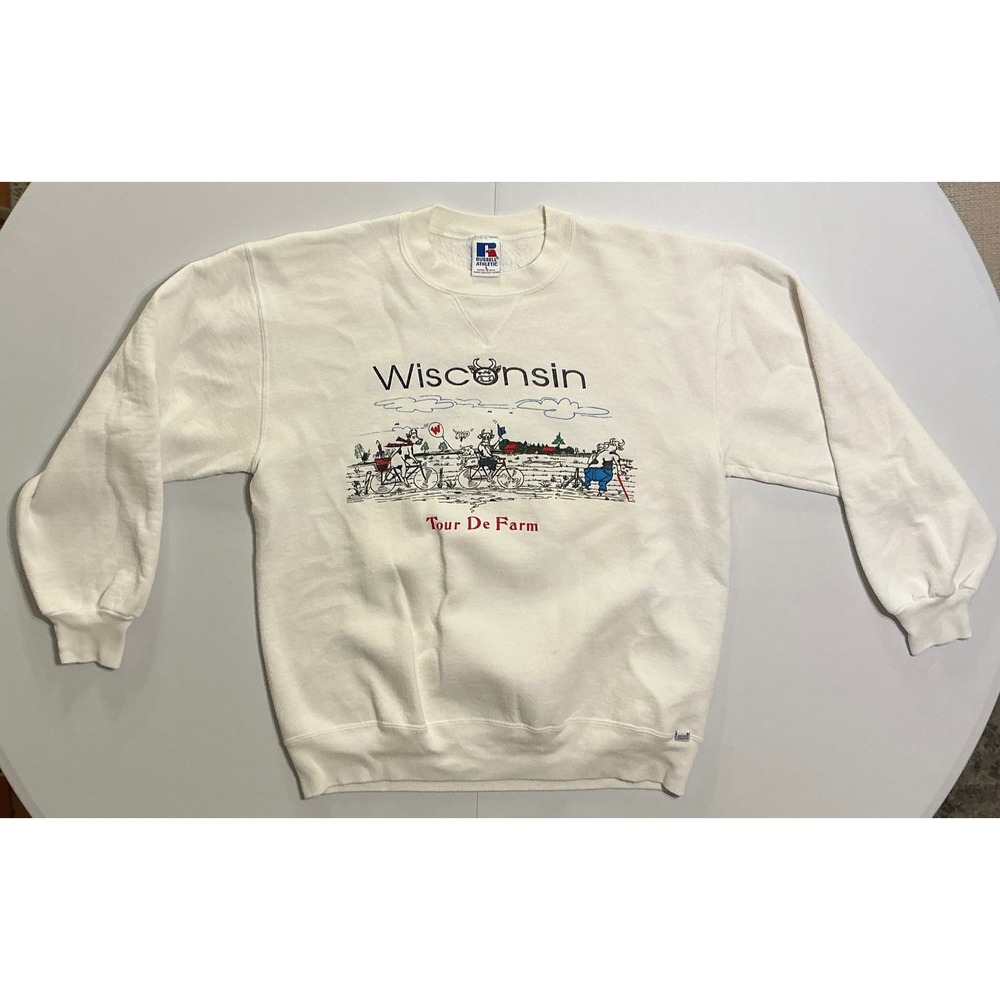VTG USA‎ Made Russell Athletic Wisconsin Cows Tour De Farm Sweatshirt Cream L